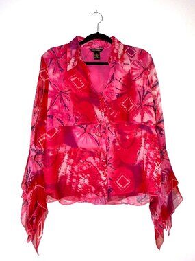 NWT Y2K Sioni Baby Doll Handkerchief Sleeve Tie Waist Button Up Silk Blouse Sz